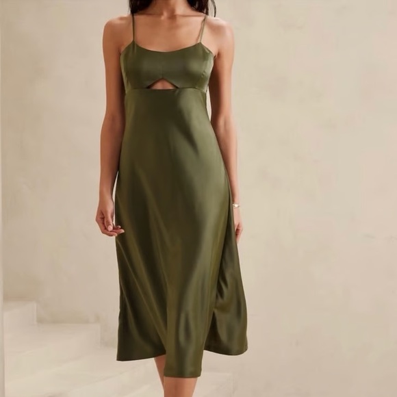 Banana Republic Olive Green Satin Cutout Midi Dress - Size 2 - Picture 1 of 5